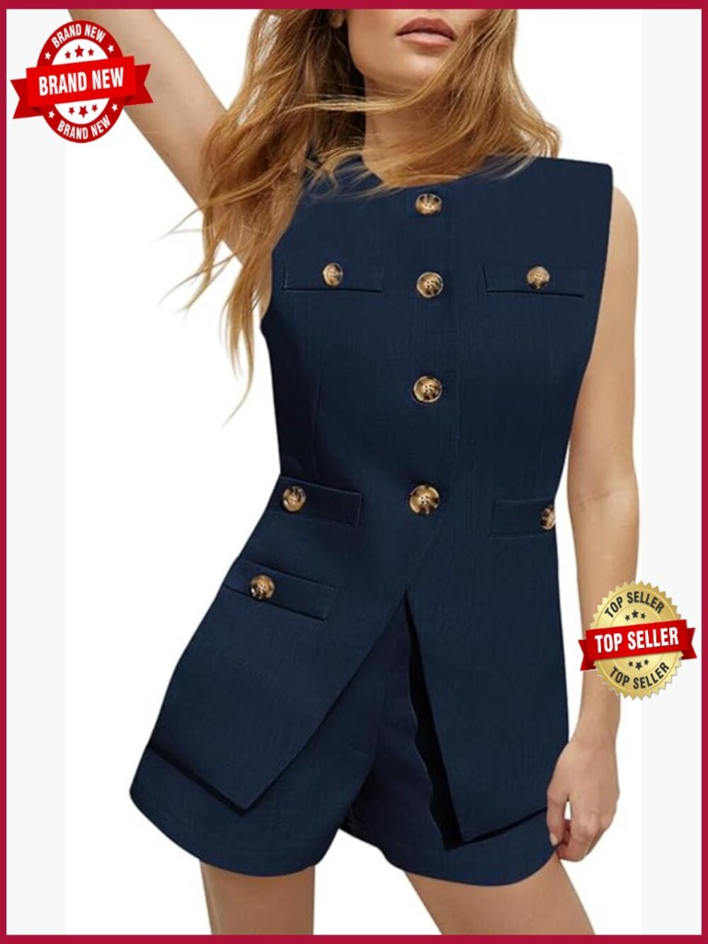 2 Piece Outfits Sleeveless Button Down Blazer Vest Shorts Matching Set